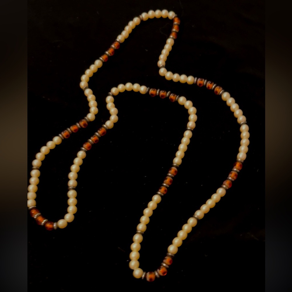 Vintage 16 in heavier faux Pearl (likely glass) & burnt sienna  bead necklace.